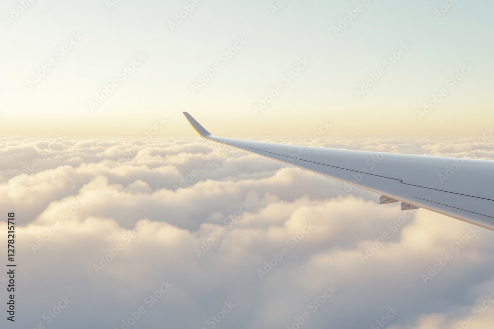 Wing extending over soft clouds, capturing serene sky at golden Wing extending over soft clouds, capturing serene sky at golden