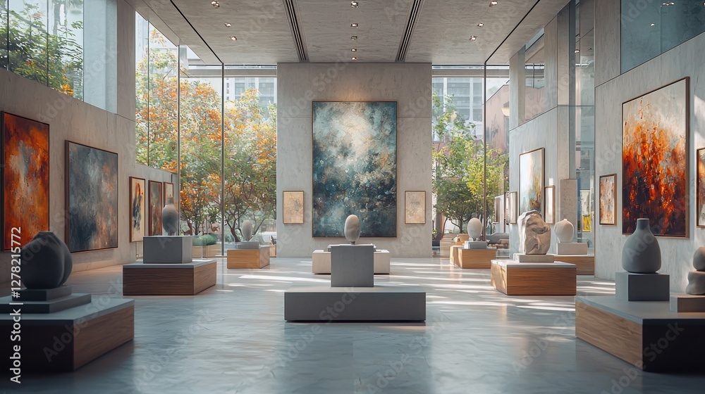 Fototapeta premium Modern art gallery showcasing sculptures and paintings with natural light