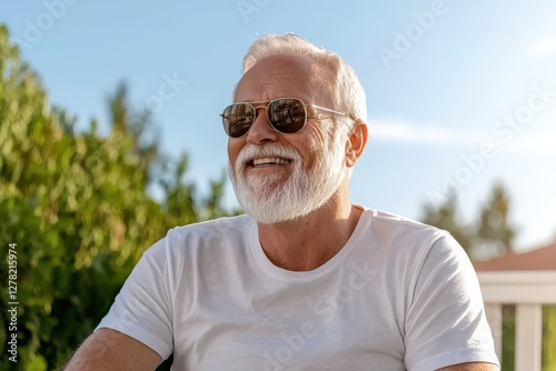 A happy senior man wearing sunglasses, relaxing in the sunshine, enjoying retirement.