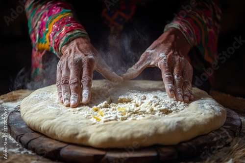 Hands kneading dough with flour in a rustic kitchen during the early morning
