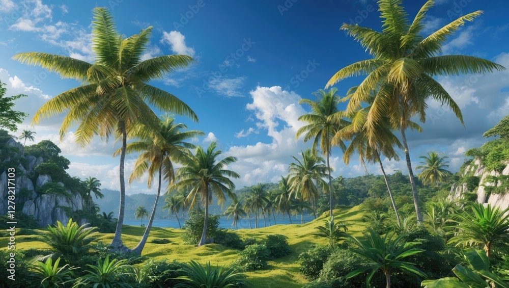 Fototapeta premium Vibrant Tropical Paradise Featuring Lush Greenery Under Clear Blue Skies