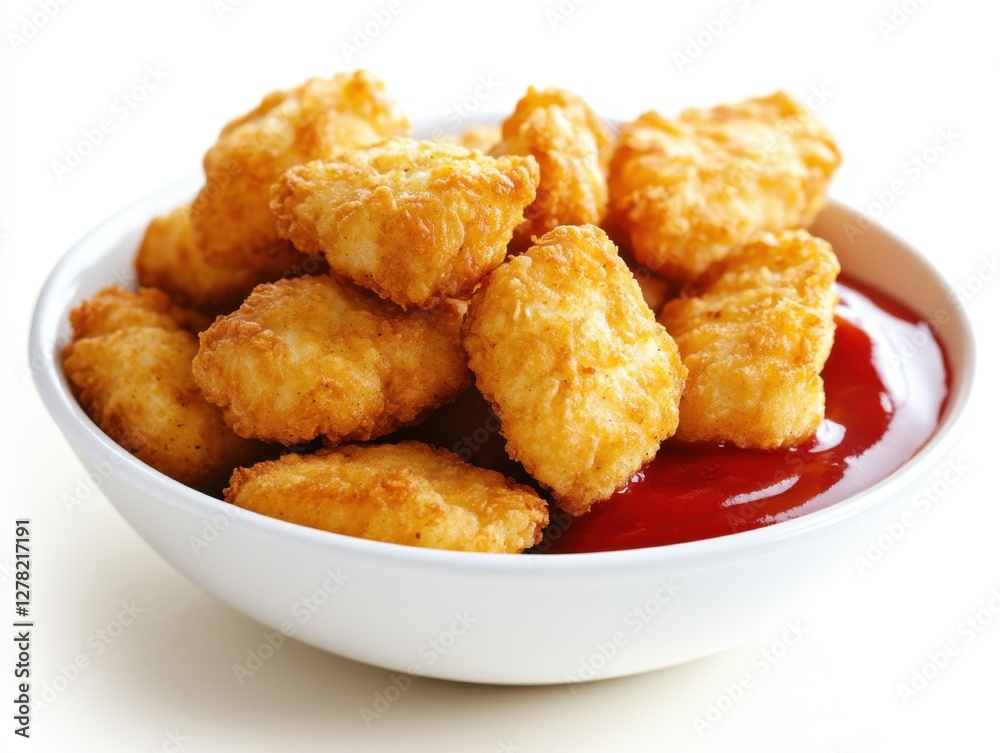 Golden crispy chicken nuggets served in a white bowl with rich red ketchup on a clean white surface Golden crispy chicken nuggets served in a white bowl with rich red ketchup on a clean white surface