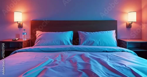 a close-up of front bed with a nightstand on each side. On one nightstand, there is a plastic water bottle. The room isclean, minimalist motel room valentine hotel room dim light neon bright