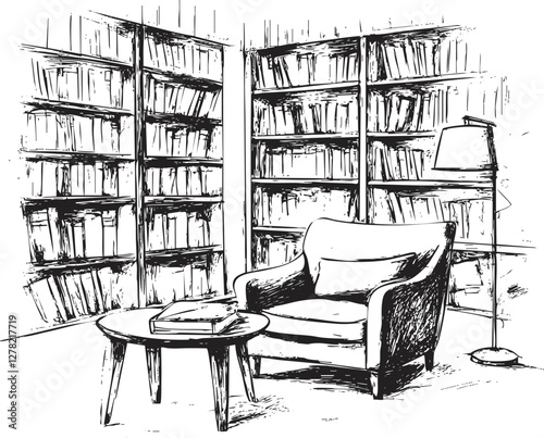 Cozy library corner sketch with armchair, bookshelves, and reading lamp.