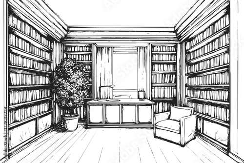 Black and white sketch of a cozy library with bookshelves and a desk.