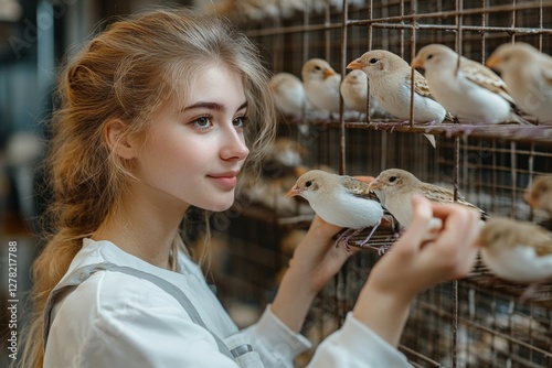 Young woman gently caring for birds in a birdkeeping facility during daylight hours photo