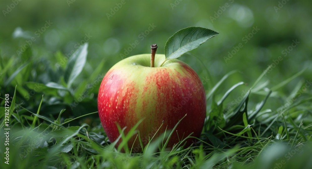 Fresh Red Apple Surrounded by Lush Green Grass with Leaf Highlighting Natural Beauty and Freshness in a Summery Setting Fresh Red Apple Surrounded by Lush Green Grass with Leaf Highlighting Natural Beauty and Freshness in a Summery Setting