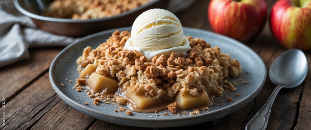 Delicious Apple Crumble Dessert Topped With Vanilla Ice Cream Served On A Rustic Wooden Table With Space For Text Overlay