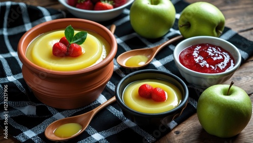 Delicious Apple Curd Dessert in Clay Pots with Fresh Strawberries and Homemade Jam Surrounded by Green Apples on a Checked Cloth Background photo