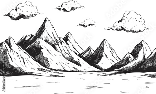 Black and white illustration of a mountain landscape with clouds.