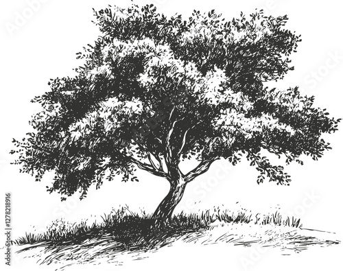Black and white ink illustration of a solitary tree on a grassy hill.