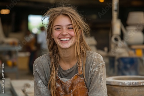 Wallpaper Mural Smiling young girl in a pottery workshop during daylight working with clay and enjoying the creative process Torontodigital.ca