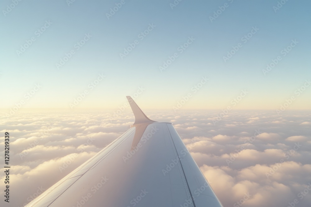 Fototapeta premium Airplane wing glides above fluffy clouds during serene sunset, s