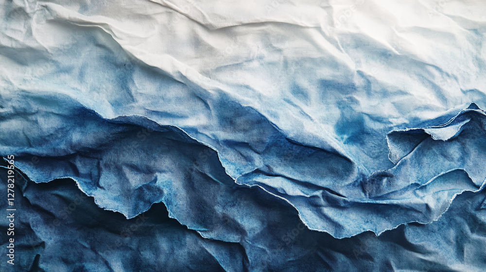 Fototapeta premium An abstract artistic composition resembling a mountain landscape, created using layered blue and white fabric with a textured, crumpled effect.