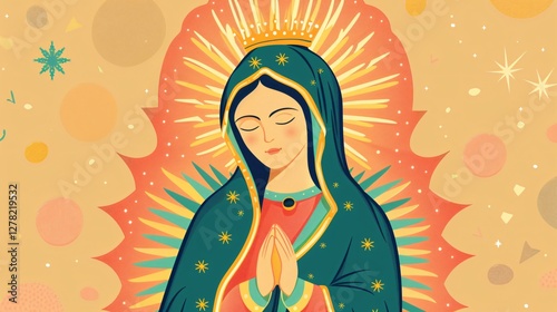 Cute Cartoon Virgin of Guadalupe with Huipil and Crown