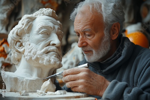 Elderly sculptor meticulously carving a bust in a workshop filled with artistic tools and sculptures