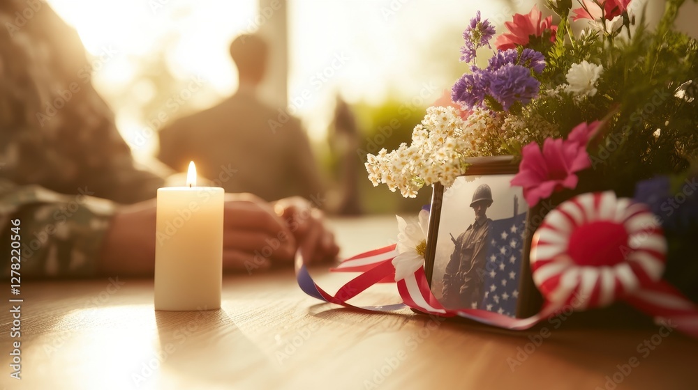 Memorial Day Remembrance - Flat Lay Tribute with Fallen Soldiers Photograph, Patriotic Ribbons, and Candlelight Memorial Day Remembrance - Flat Lay Tribute with Fallen Soldiers Photograph, Patriotic Ribbons, and Candlelight