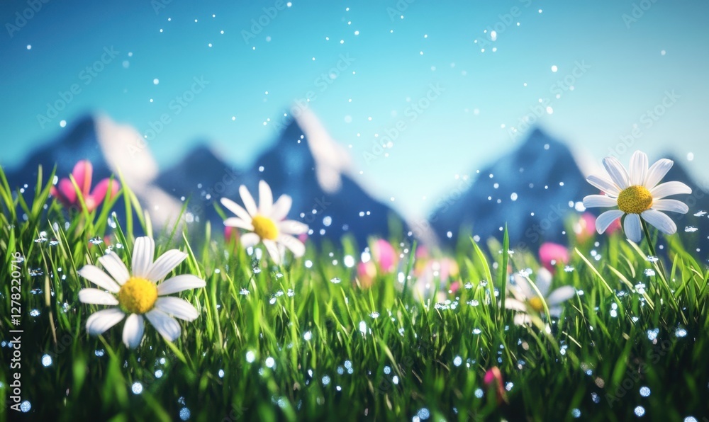Fototapeta premium A vibrant meadow filled with daisies and pink flowers, sparkling with dew under a clear sky, mountains in the background
