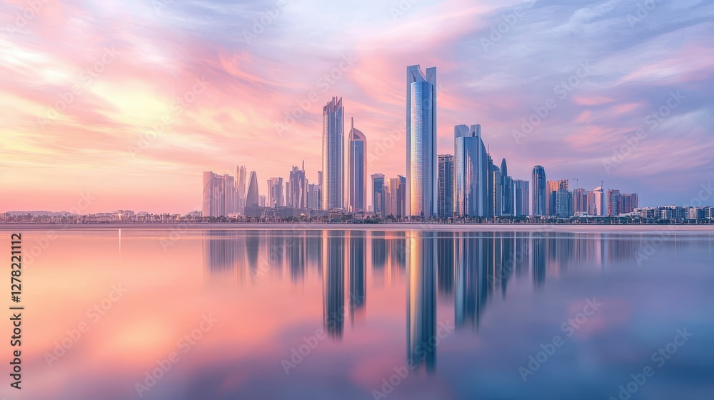 Obraz premium City Skyline Reflection at Sunset with Colorful Clouds and Water