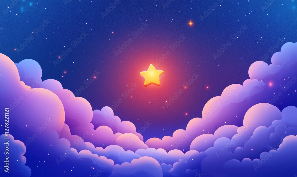 Glowing star in colorful clouds against a starry night sky Glowing star in colorful clouds against a starry night sky