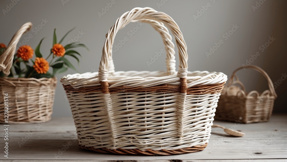 Wicker basket with handles on wooden surface, showcasing handcrafted design, perfect for picnics, shopping, or home decor accents. Wicker basket with handles on wooden surface, showcasing handcrafted design, perfect for picnics, shopping, or home decor accents.