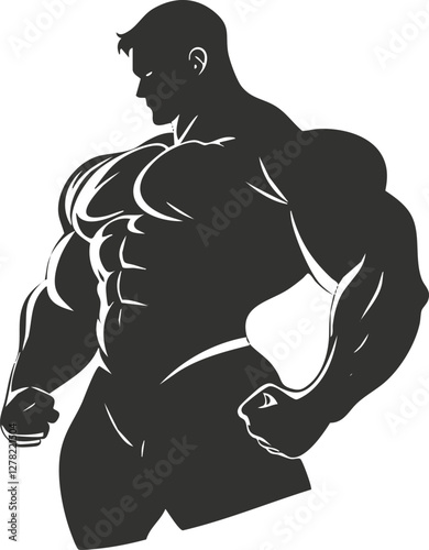 Silhouette of a muscular bodybuilder posing, emphasizing strength and fitness.