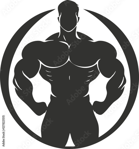 Silhouette of a muscular man in a circular emblem design.