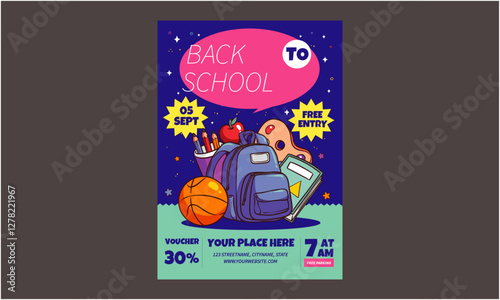Back to school Flyer. School admission flyer template. Kids back to school education poster, brochure cover layout, concept in bright colors. Vector Illustration 