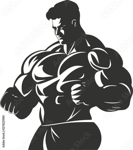 Silhouette illustration of a muscular bodybuilder flexing muscles.