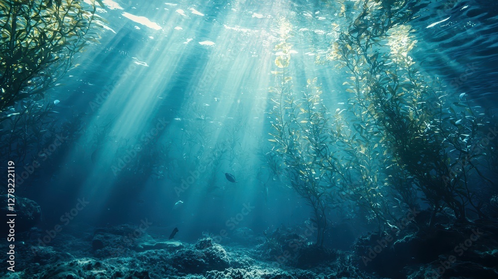 Fototapeta premium Tranquil Underwater Scene with Sunlight and Aquatic Plants