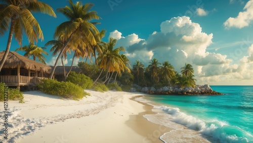 Fototapeta Naklejka Na Ścianę i Meble -  Serene Caribbean Beach Scene with Lush Palm Trees and Pristine White Sand Under a Bright Sky Ideal for Tropical Vacation Promotions