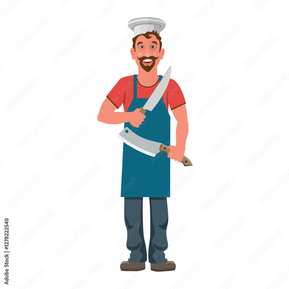 Chef with meat knives in his hands. Butcher with hatchets. Funny cartoon character, Vector illustration isolated on a white background Chef with meat knives in his hands. Butcher with hatchets. Funny cartoon character, Vector illustration isolated on a white background