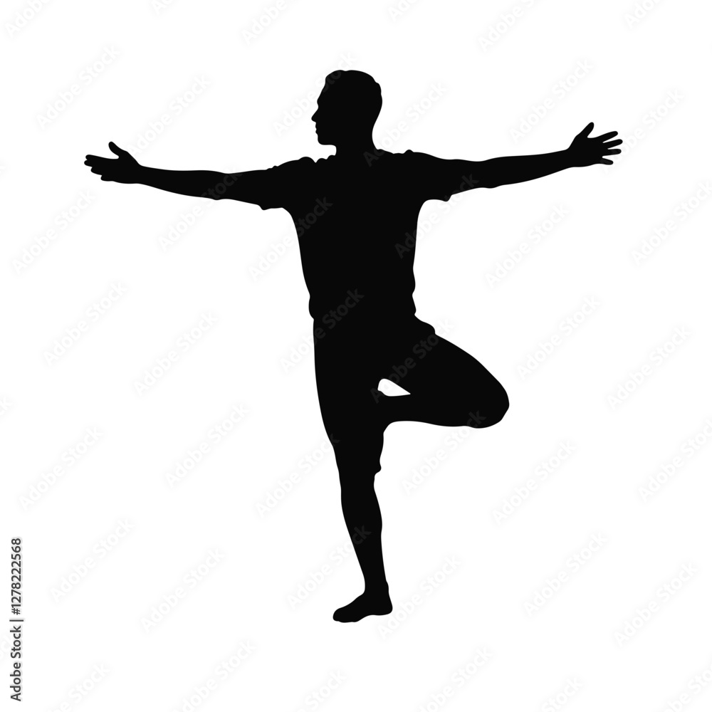 Young man practicing tree pose silhouette on white background, yoga Young man practicing tree pose silhouette on white background, yoga