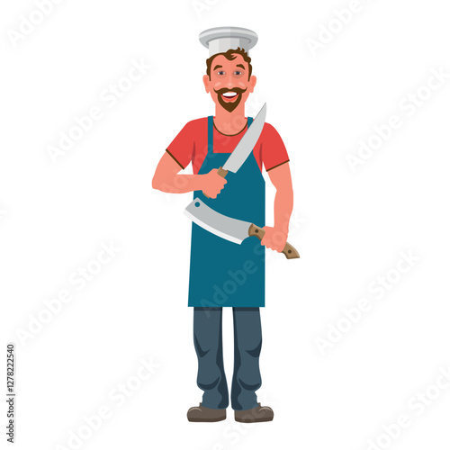 Chef with meat knives in his hands. Butcher with hatchets. Funny cartoon character, Vector illustration isolated on a white background