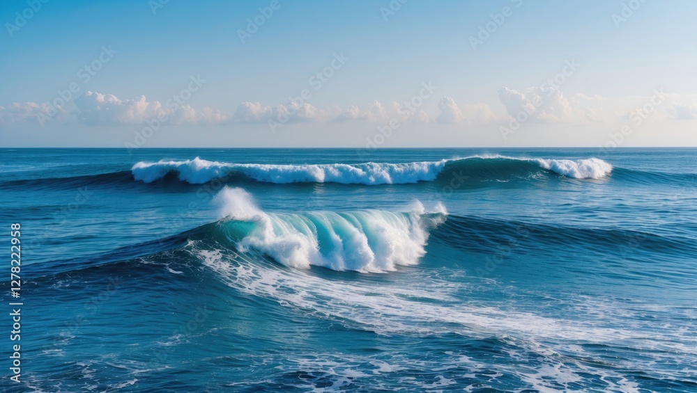 Fototapeta premium Serene Blue Ocean Waves Under Clear Sky Capturing Tranquility and Natural Beauty in Coastal Landscape