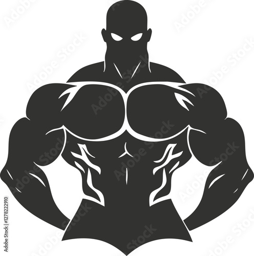 Bold silhouette of a muscular figure with prominent chest and arms.