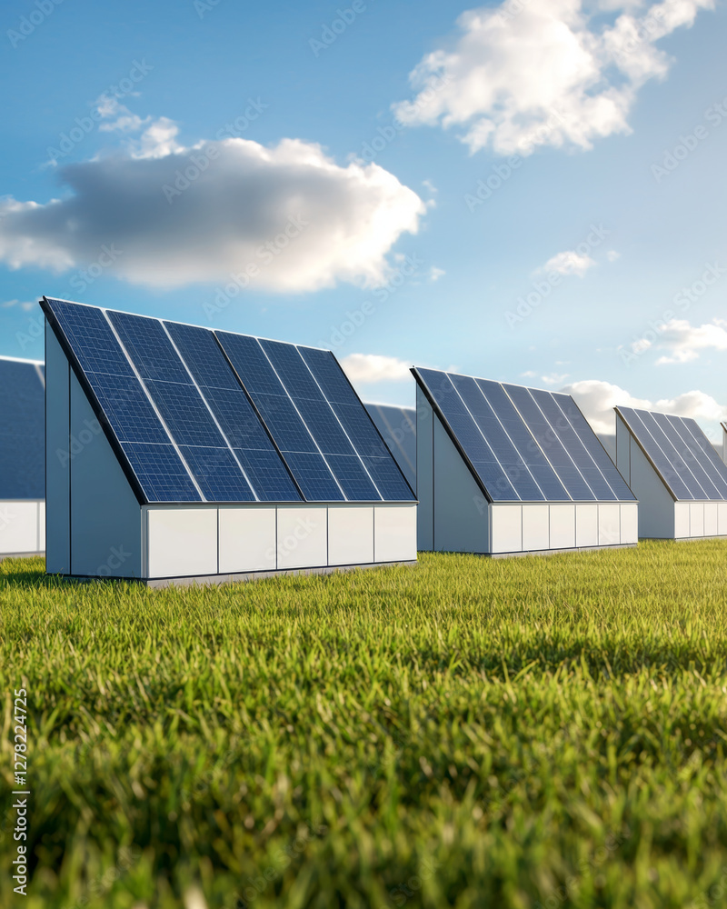 Solar panels on green grass under blue sky with clouds, showcasing renewable energy Solar panels on green grass under blue sky with clouds, showcasing renewable energy