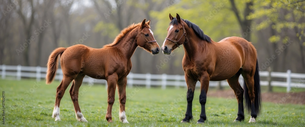 Chestnut Foal and Mare Bonding in a Serene Spring Pasture with Lush Green Grass and Soft Natural Lighting Chestnut Foal and Mare Bonding in a Serene Spring Pasture with Lush Green Grass and Soft Natural Lighting
