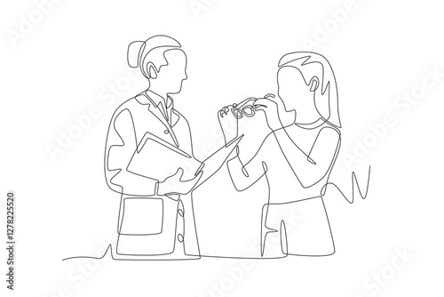 Young female patient picks up prescription glasses. Visiting eye doctors concept one-line drawing