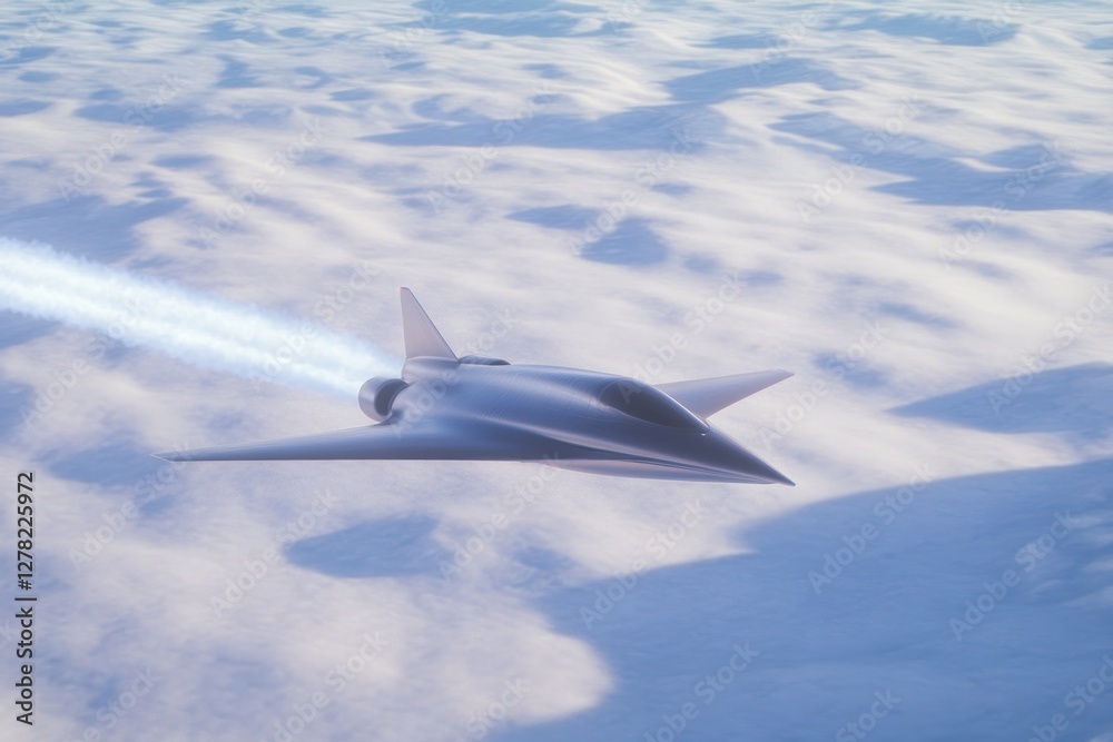 Sleek aircraft glides through clouds, trailing brilliant blue ex Sleek aircraft glides through clouds, trailing brilliant blue ex