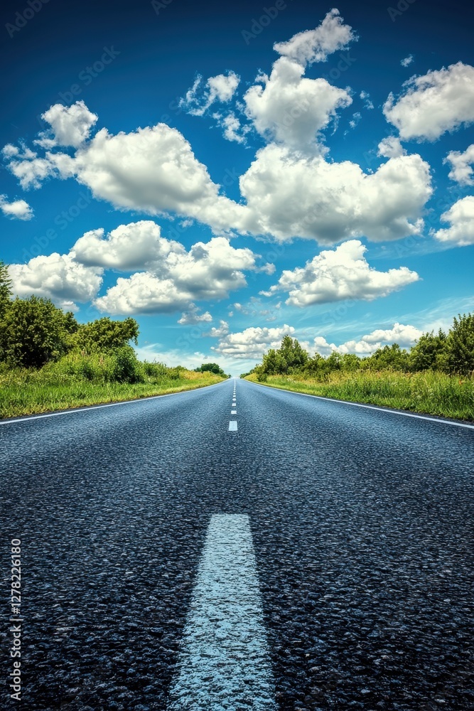 Asphalt road stretching into the horizon under a bright blue sky with fluffy clouds perspective view Asphalt road stretching into the horizon under a bright blue sky with fluffy clouds perspective view
