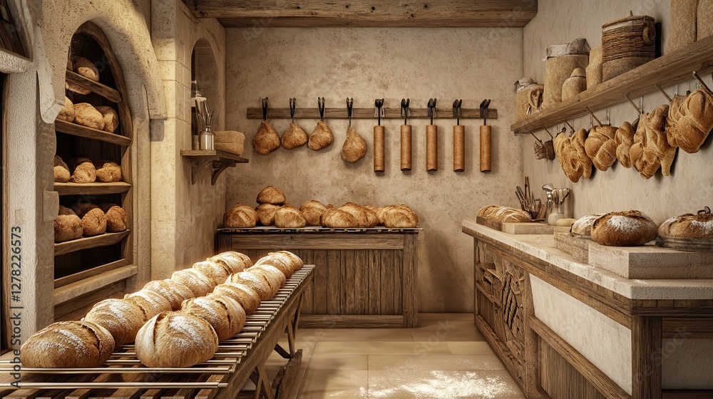 Fototapeta premium An artisan bakery with loaves of freshly baked bread cooling on wooden racks