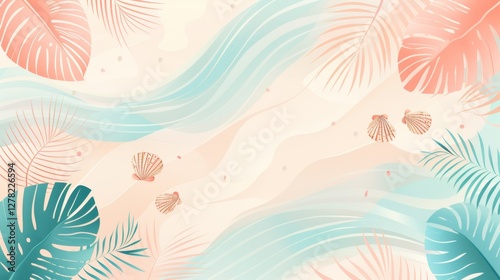 Tropical beach scene, abstract waves, leaves, shells, top view, background design