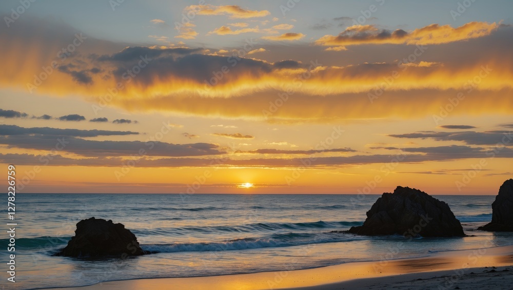 Tranquil Sunset Over Beach with Golden Skies and Silhouetted Rocks Creating a Serene Coastal Evening Atmosphere Tranquil Sunset Over Beach with Golden Skies and Silhouetted Rocks Creating a Serene Coastal Evening Atmosphere