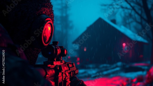 Sayeret Matkal Sniper in Covert Night Operation, Thermal Vision, Rainy Tactical Mission in Enemy Territory photo