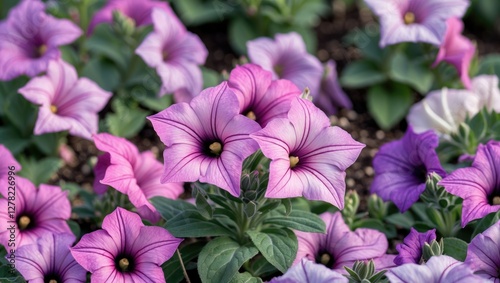 Vibrant Pink and Purple Petunia Flowers in Bloom with Lush Green Foliage Ideal for Background and Text Overlay
