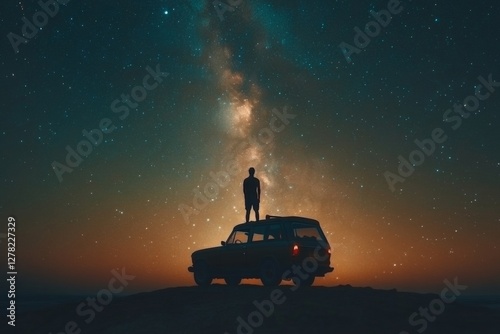 Standing on a car under the vast starry sky in a remote location during nighttime