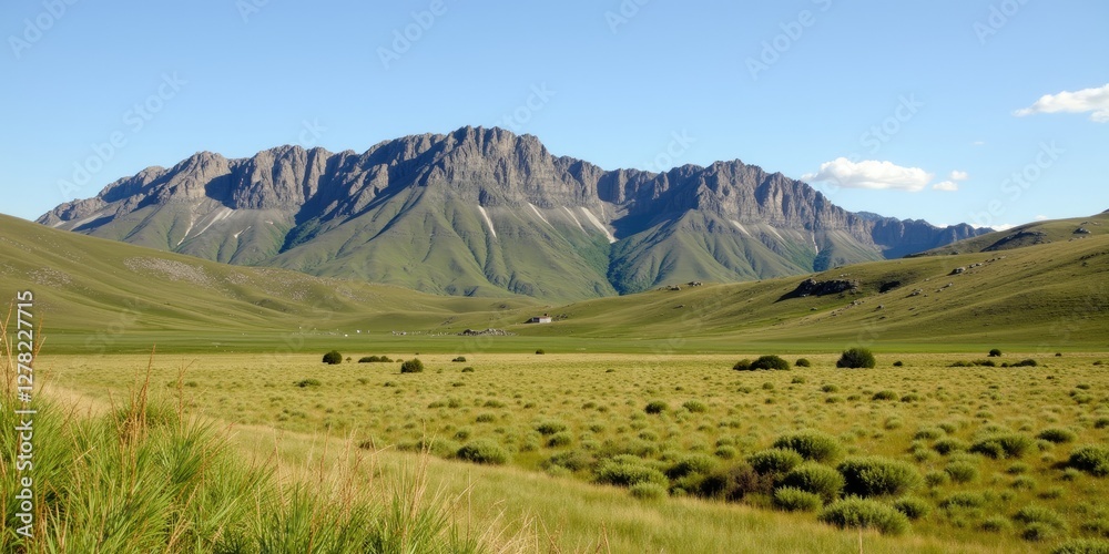Fototapeta premium Majestic Rocky Mountains Surrounded By Lush Green Grasslands Under Clear Blue Sky In Summer Landscape.