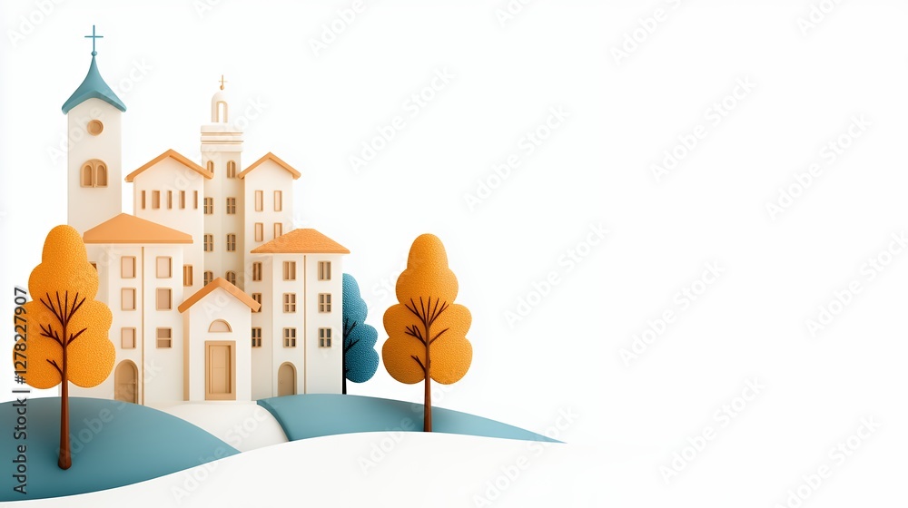 Naklejka premium Pastel Colored 3D Rendered Village Scene