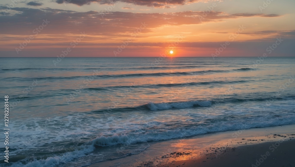 Fototapeta premium Serene sunset over calm seascape with gentle waves and ample space for text and branding in a tranquil coastal setting.